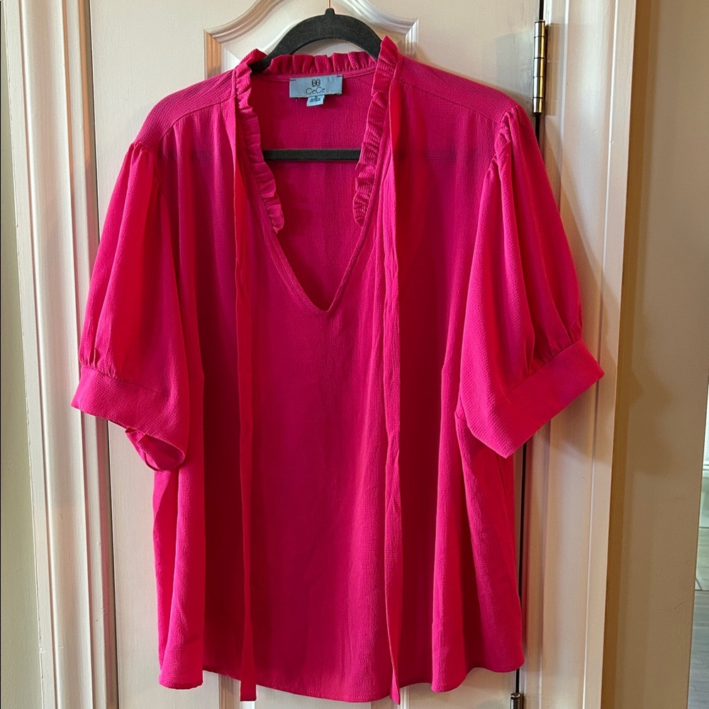 CeCe Vibrant Fuchsia V-Neck Ruffle Trim Blouse